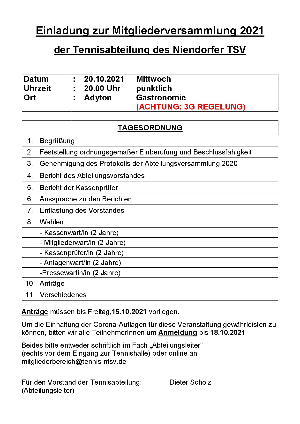 Einladung Mitgliederversammlung Tennis